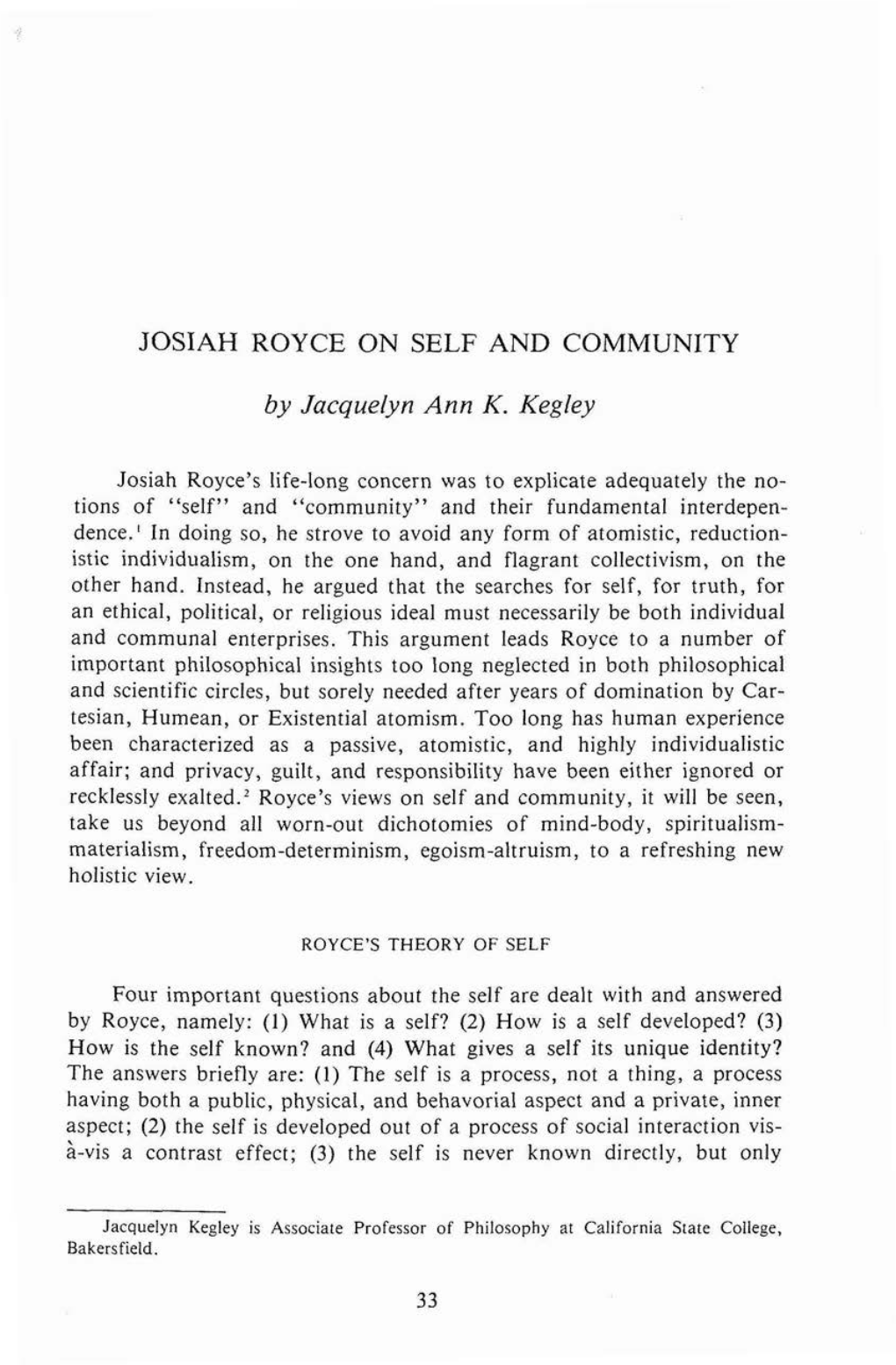 Josiah Royce on Self and Community