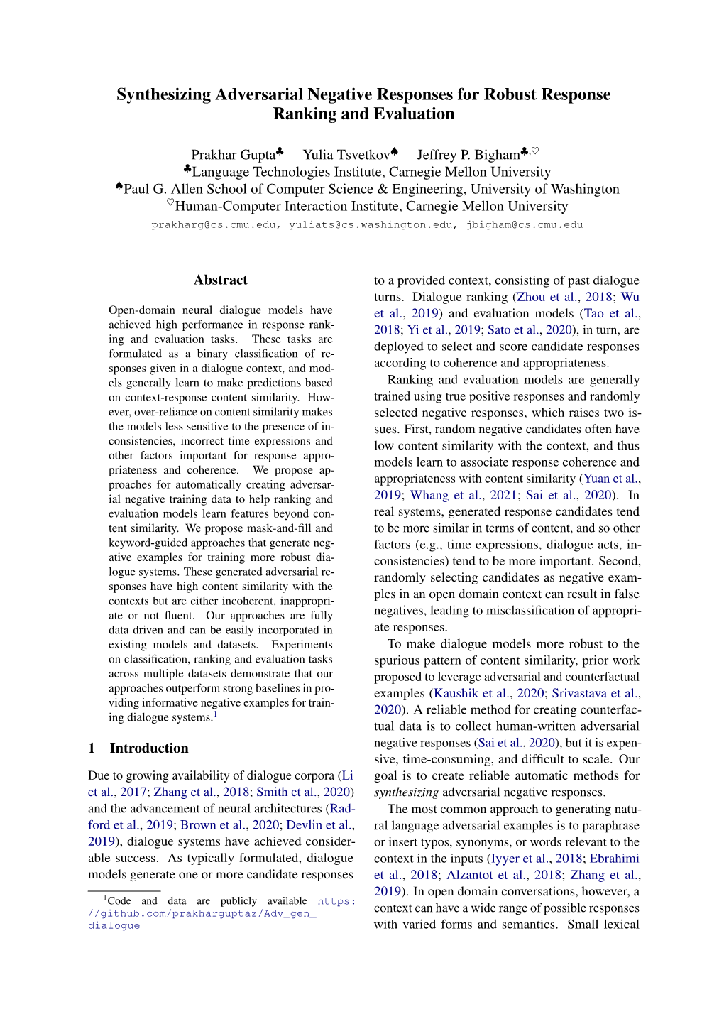 Synthesiing Adversarial Negative Responses for Robust Response