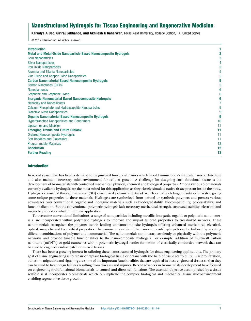 Nanostructured Hydrogels for Tissue