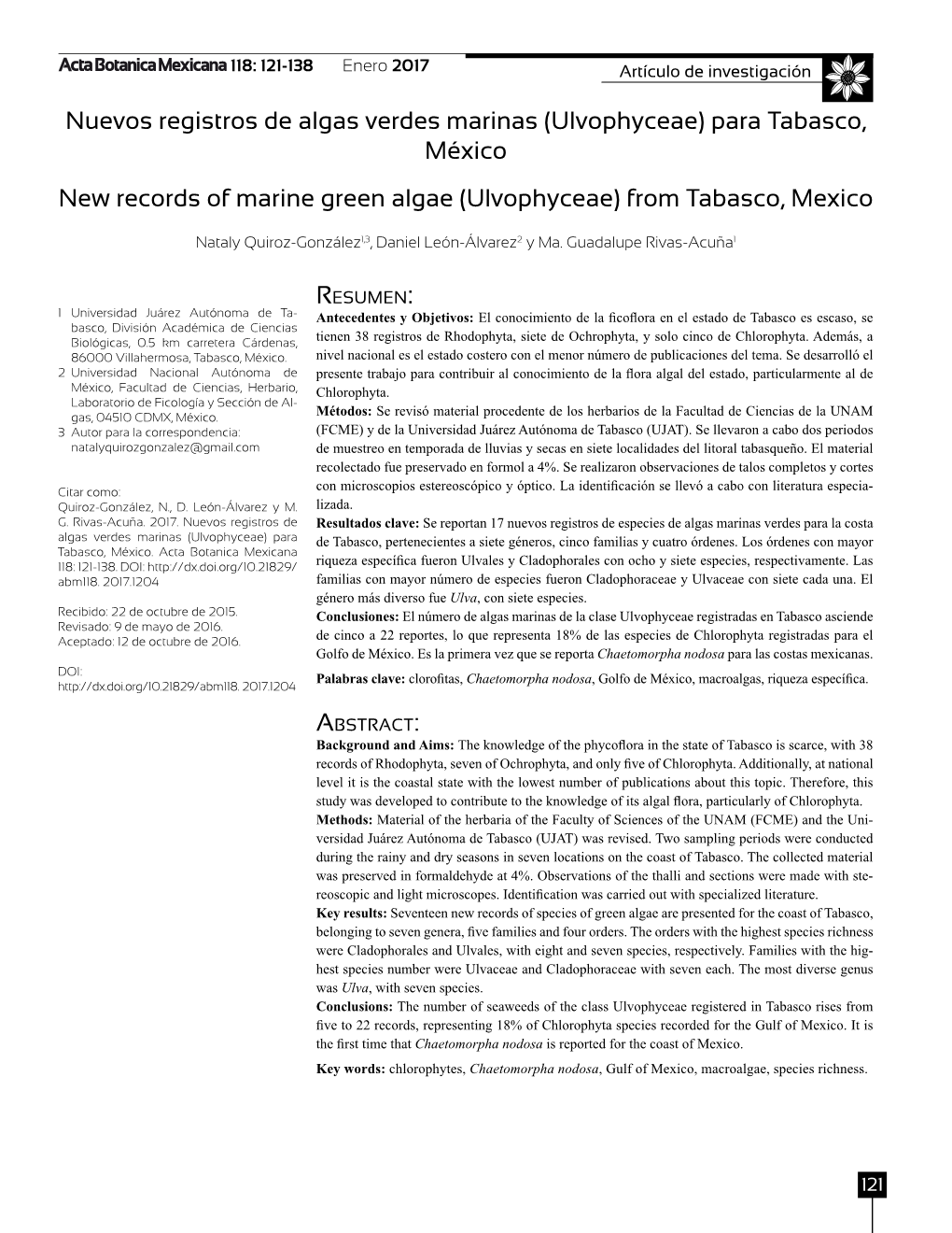 Nuevos Registros De Algas Verdes Marinas (Ulvophyceae) Para Tabasco, México New Records of Marine Green Algae (Ulvophyceae) from Tabasco, Mexico