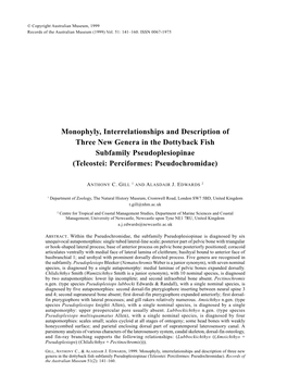 Monophyly, Interrelationships and Description of Three New Genera in the Dottyback Fish Subfamily Pseudoplesiopinae (Teleostei: Perciformes: Pseudochromidae)