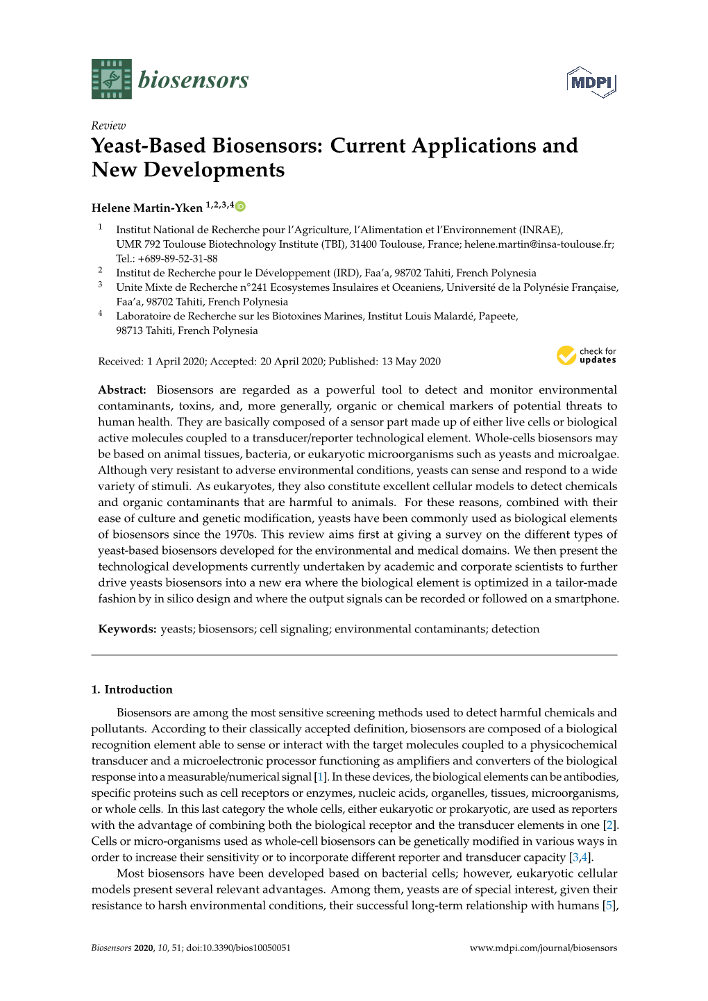 Yeast-Based Biosensors: Current Applications and New Developments