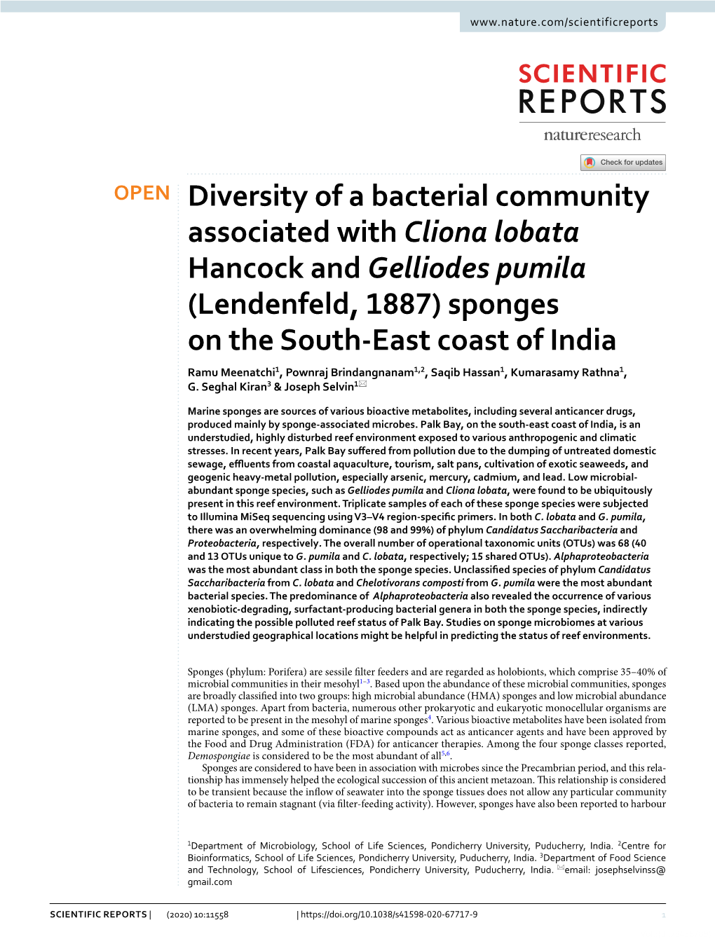 Sponges on the South‑East Coast of India Ramu Meenatchi1, Pownraj Brindangnanam1,2, Saqib Hassan1, Kumarasamy Rathna1, G