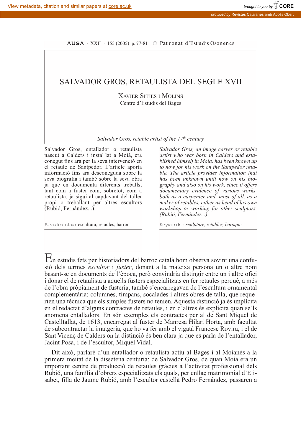 Salvador Gros, Retaulista Del Segle Xvii