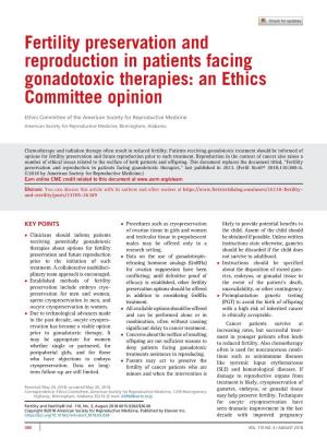 Fertility Preservation and Reproduction in Patients Facing Gonadotoxic Therapies: an Ethics Committee Opinion