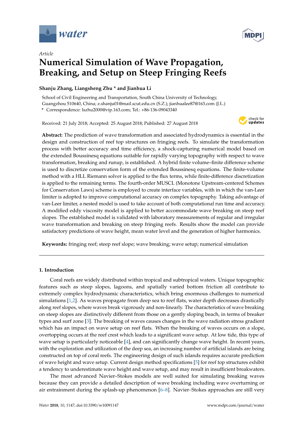 Numerical Simulation of Wave Propagation, Breaking, and Setup on Steep Fringing Reefs