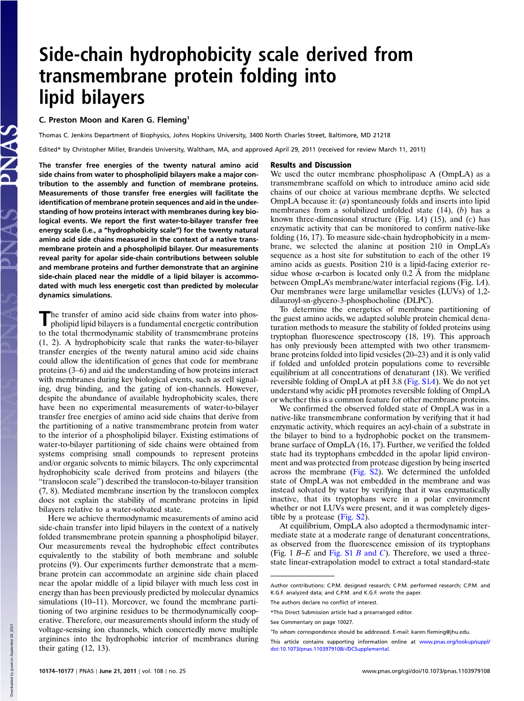 Side-Chain Hydrophobicity Scale Derived from Transmembrane Protein Folding Into Lipid Bilayers