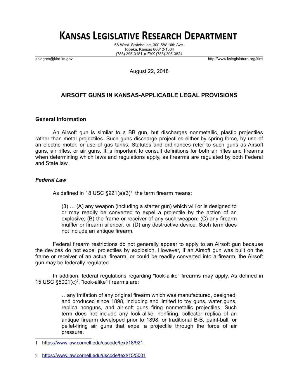 Airsoft Guns in Kansas-Applicable Legal Provisions, August 2018