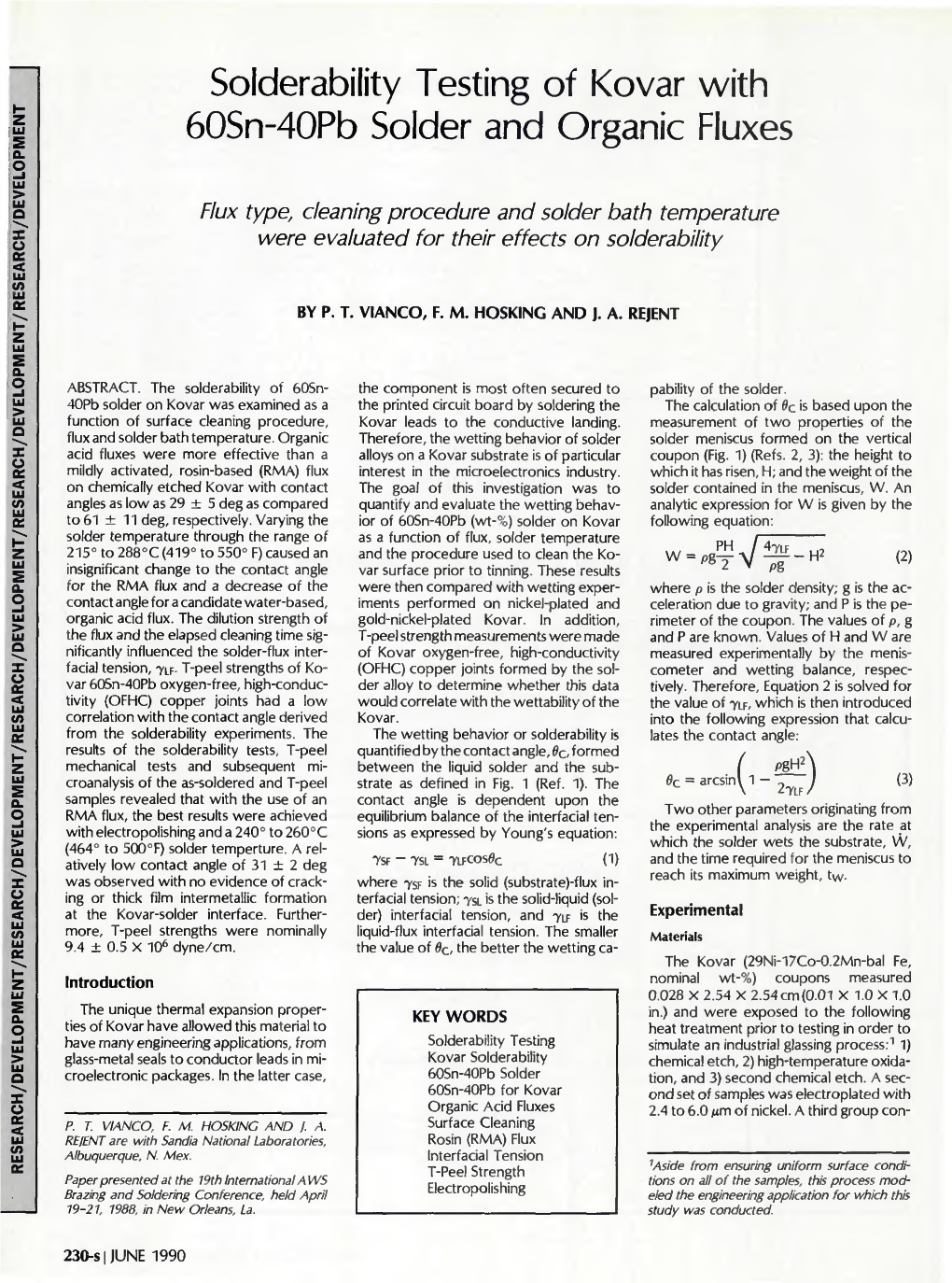 Solderability Testing of Kovar with 60Sn-40Pb Solder and Organic Fluxes