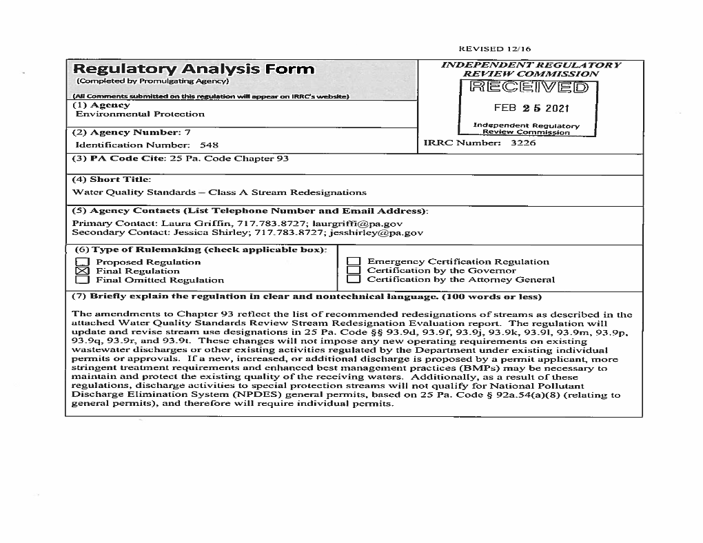 Water Quality Standards — Class a Stream Redesignations