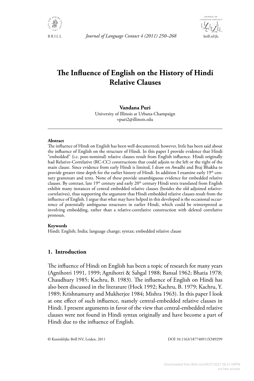 The Influence of English on the History of Hindi Relative Clauses