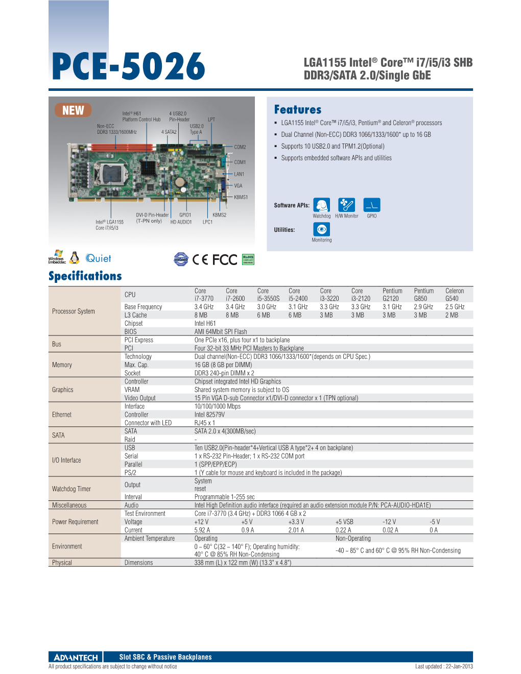 PCE-5026 DDR3/SATA 2.0/Single Gbe