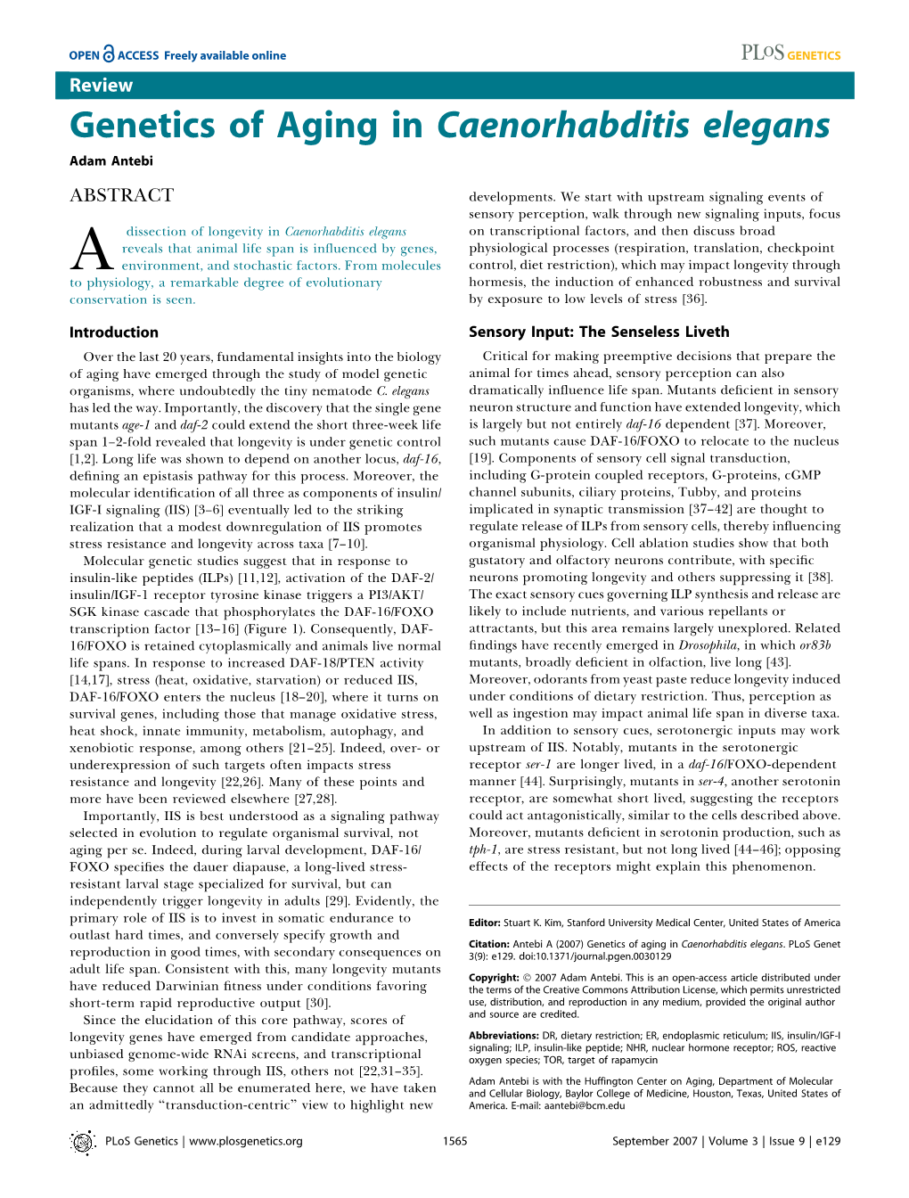 Genetics of Aging in Caenorhabditis Elegans Adam Antebi