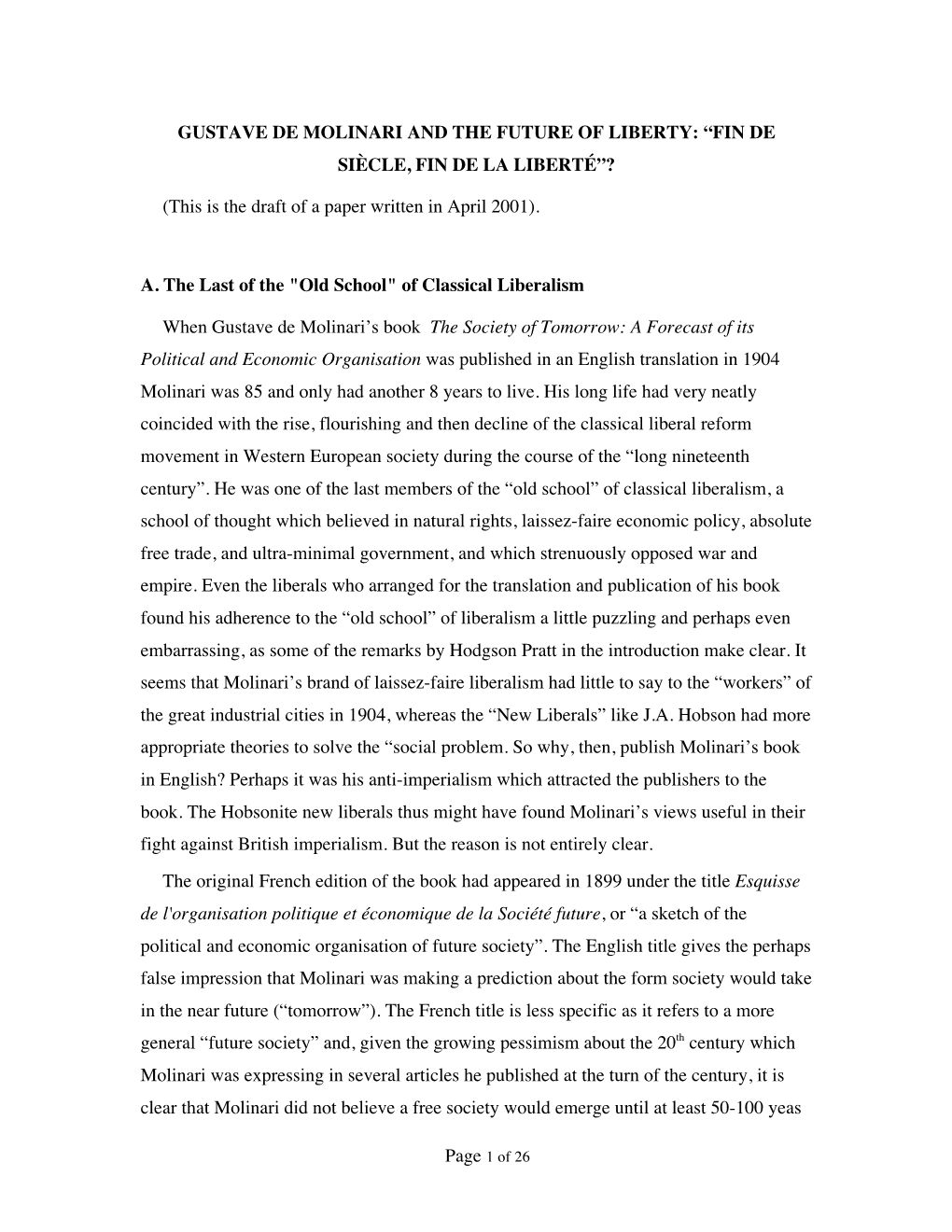 Gustave De Molinari and the Future of Liberty: “Fin De Siècle, Fin De La Liberté”?