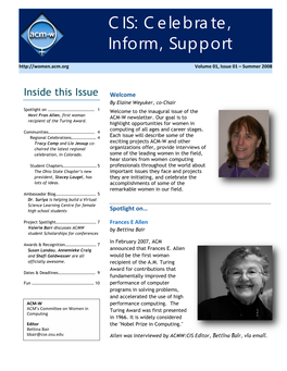 CIS: Celebrate, Inform, Support Volume 01, Issue 01 – Summer 2008