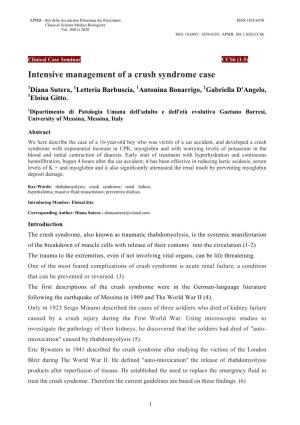 Intensive Management of a Crush Syndrome Case 1Diana Sutera, 1Letteria Barbuscia, 1Antonina Bonarrigo, 1Gabriella D'angelo, 1Eloisa Gitto
