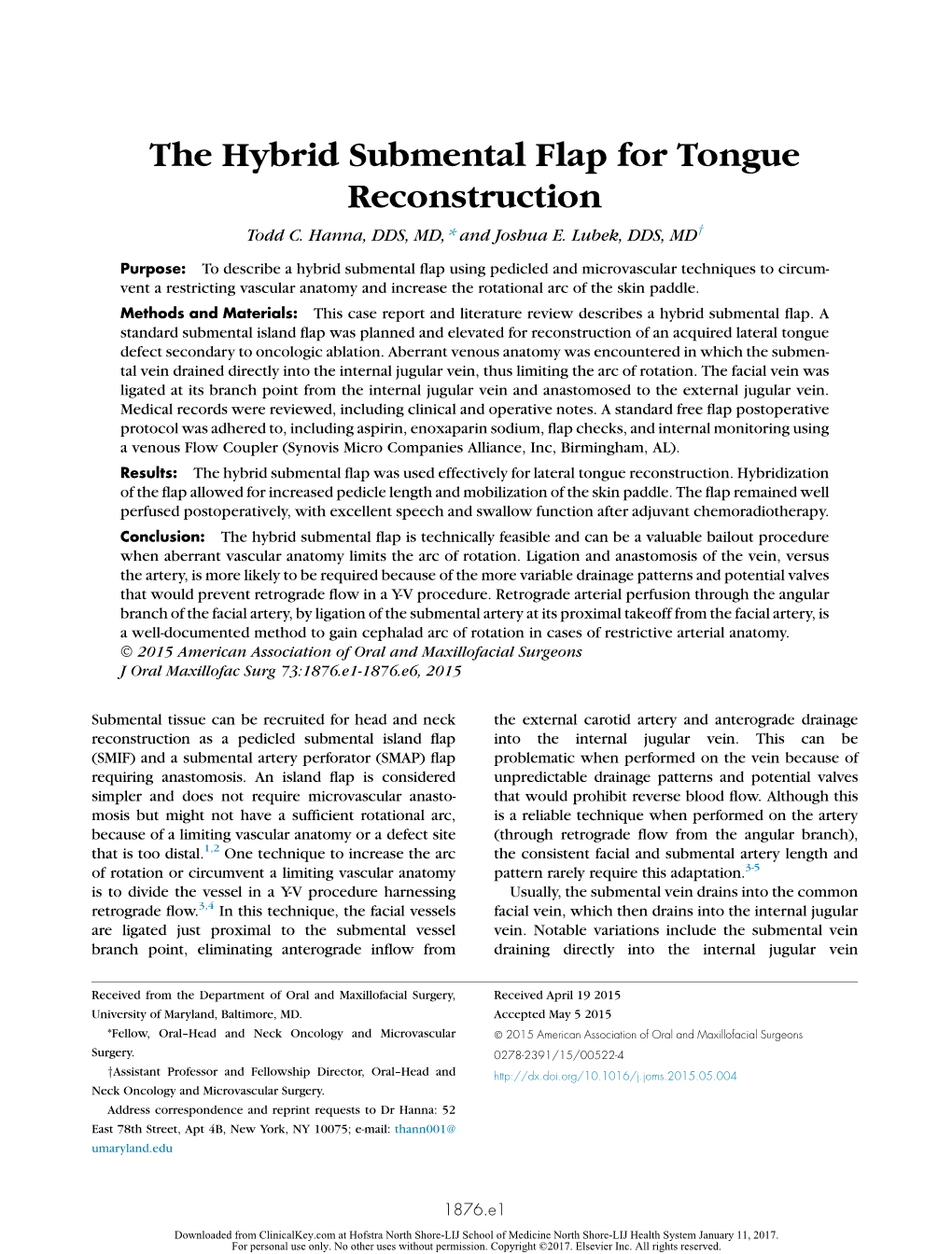 The Hybrid Submental Flap for Tongue Reconstruction Y Todd C