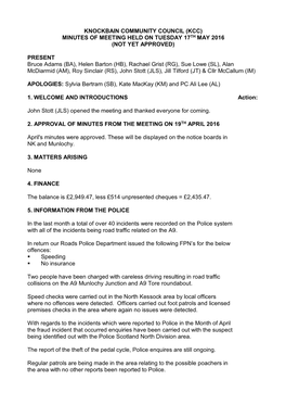 Knockbain Community Council (Kcc) Minutes of Meeting Held on Tuesday 17Th May 2016 (Not Yet Approved)