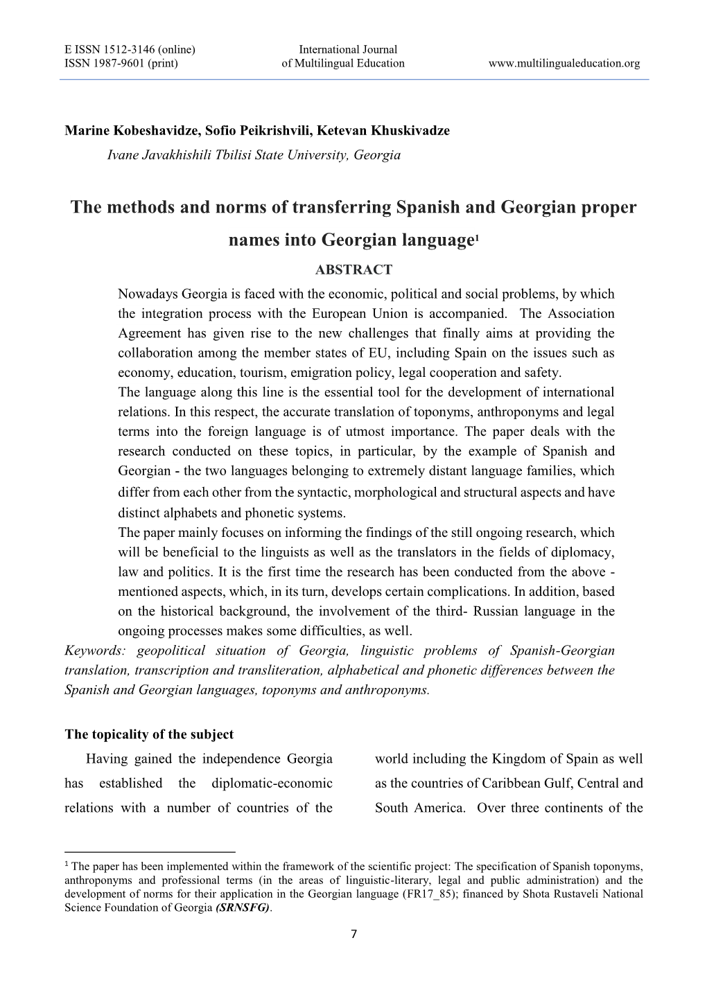 The Methods and Norms of Transferring Spanish and Georgian Proper Names Into Georgian Language1