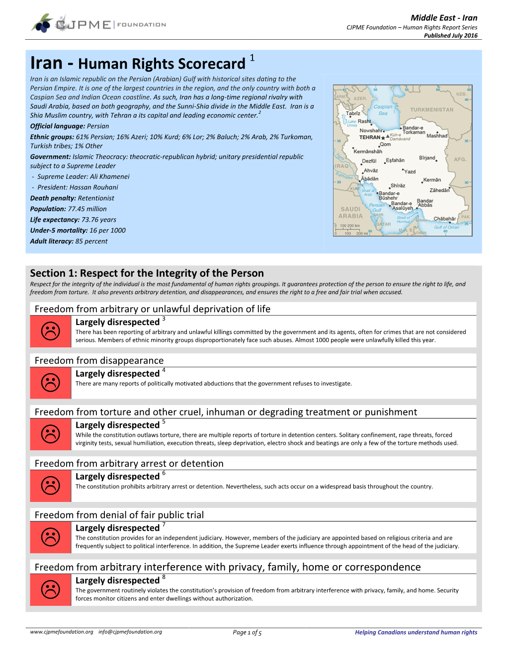 Iran CJPME Foundation – Human Rights Report Series Published July 2016