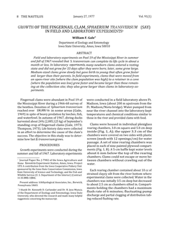 GROWTH of the FINGERNAIL CLAM, SPHAERIUM TRANSVERSUM (SAY) in FIELD and LABORATORY EXPERIMENTS' William F