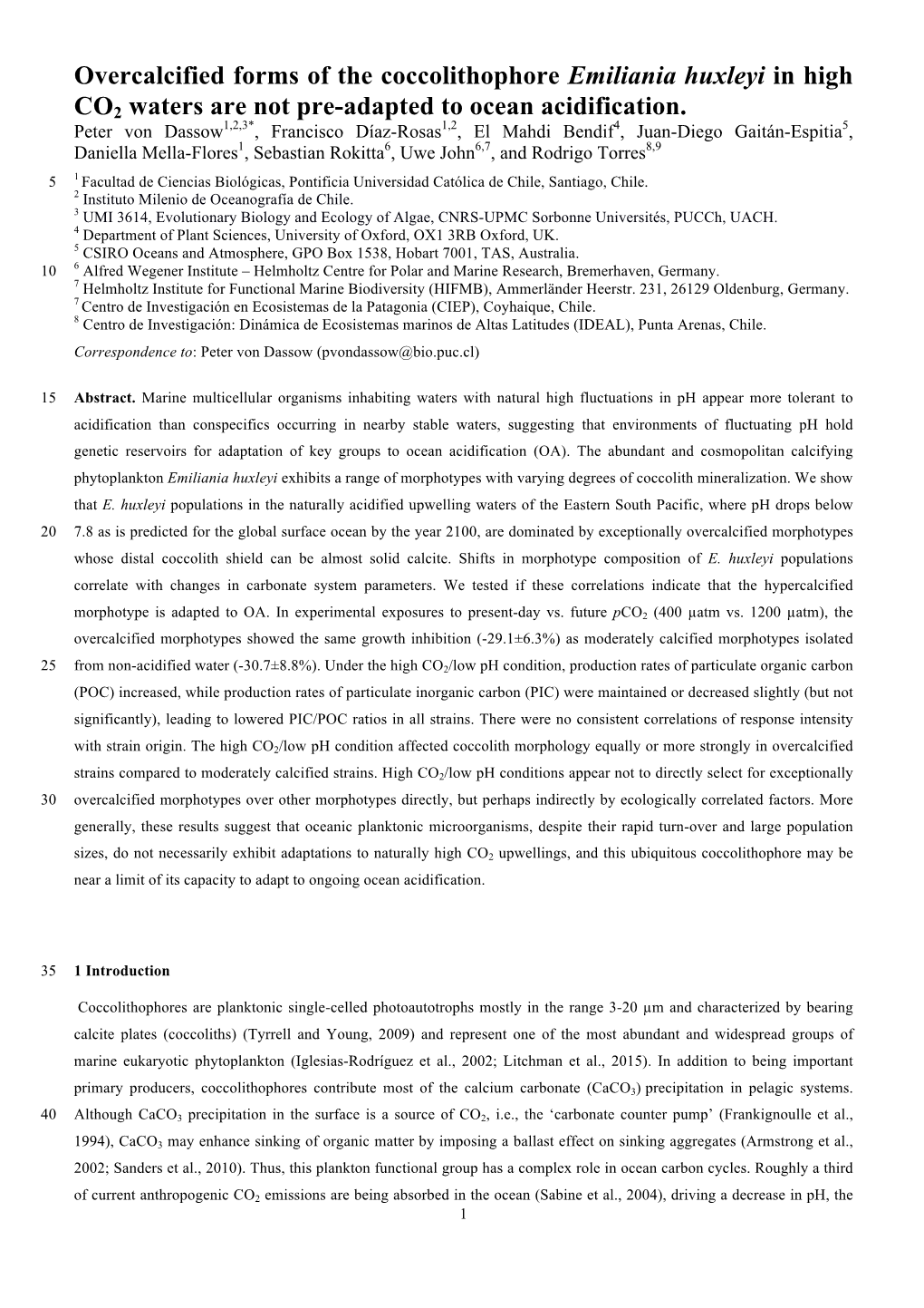 Overcalcified Forms of the Coccolithophore Emiliania Huxleyi in High CO2 Waters Are Not Pre-Adapted to Ocean Acidification