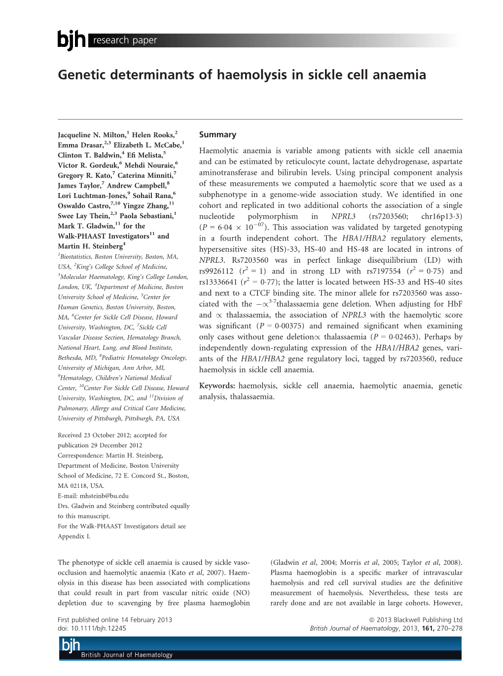 Genetic Determinants of Haemolysis in Sickle Cell Anaemia