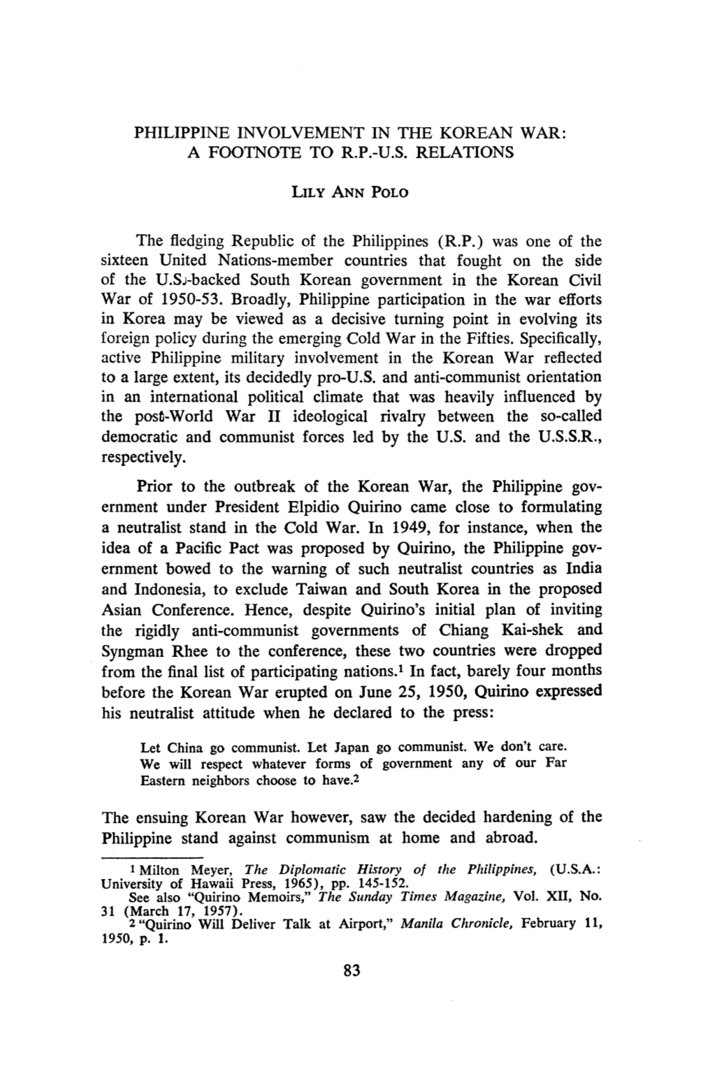 Philippine Involvement in the Korean War: a Footnote to Rp-Us Relations