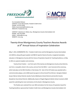 Twenty-Three Montgomery County Teachers Receive Awards at 9Th Annual Voices of Inspiration Celebration