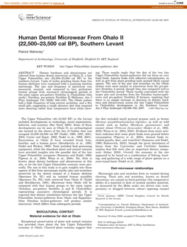 Human Dental Microwear from Ohalo II (22,500–23,500 Cal BP), Southern Levant Patrick Mahoney*
