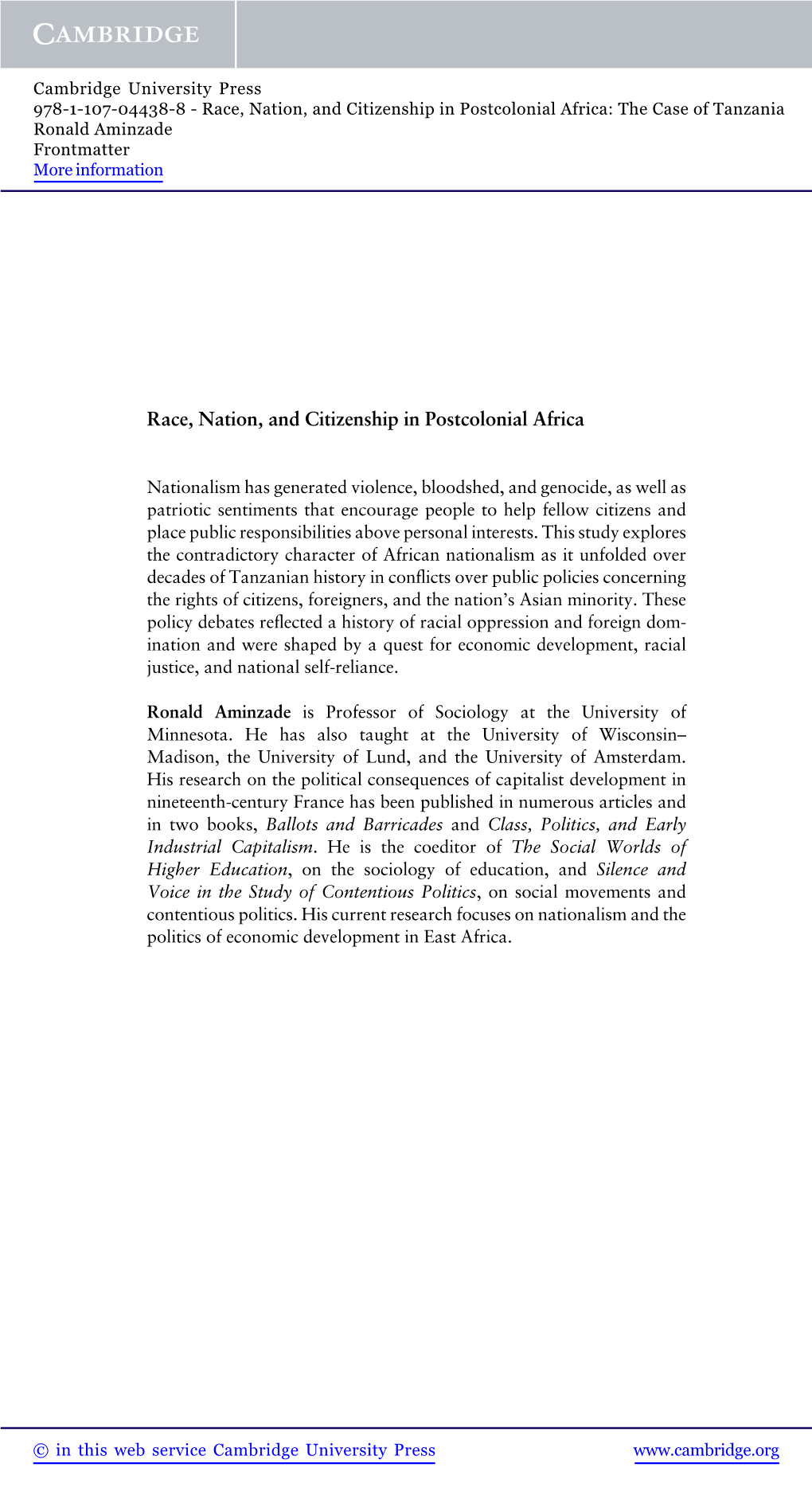 Race, Nation, and Citizenship in Postcolonial Africa: the Case of Tanzania Ronald Aminzade Frontmatter More Information