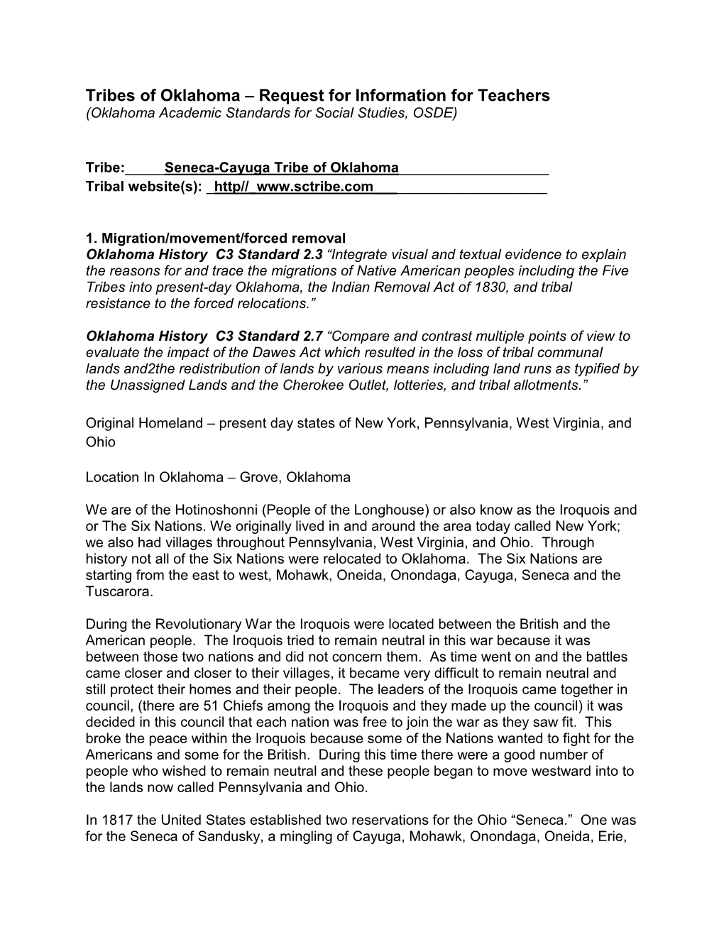 Tribes of Oklahoma – Request for Information for Teachers (Oklahoma Academic Standards for Social Studies, OSDE)