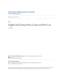 English and German Prize Courts and Prize Law C.D