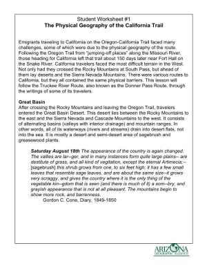 Student Worksheet #1 the Physical Geography of the California Trail