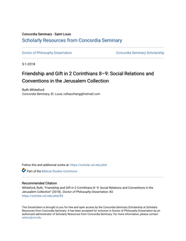 Friendship and Gift in 2 Corinthians 8–9: Social Relations and Conventions in the Jerusalem Collection