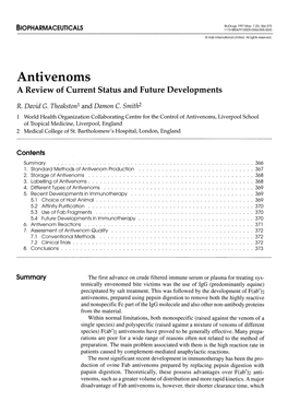Antivenoms a Review of Current Status and Future Developments