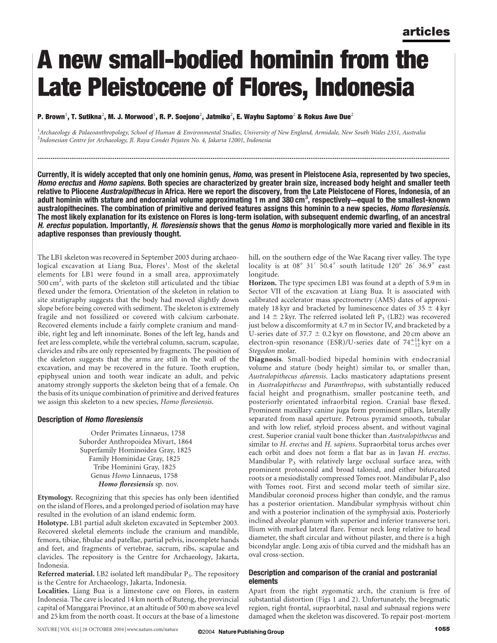 A New Small-Bodied Hominin from the Late Pleistocene of Flores, Indonesia