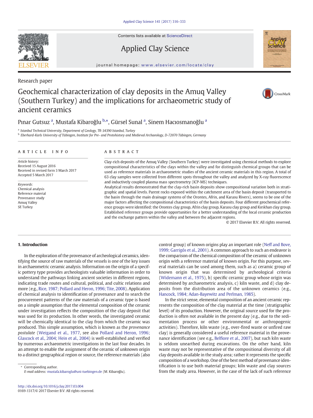 Geochemical Characterization of Clay Deposits in the Amuq Valley (Southern Turkey) and the Implications for Archaeometric Study of Ancient Ceramics