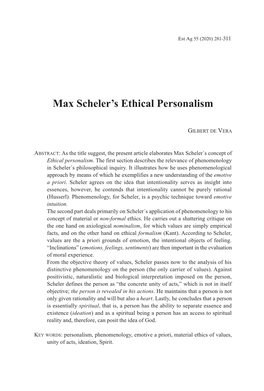 Max Scheler's Ethical Personalism