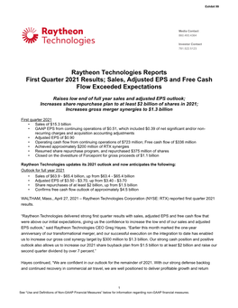 Raytheon Technologies Reports First Quarter 2021 Results; Sales, Adjusted EPS and Free Cash Flow Exceeded Expectations