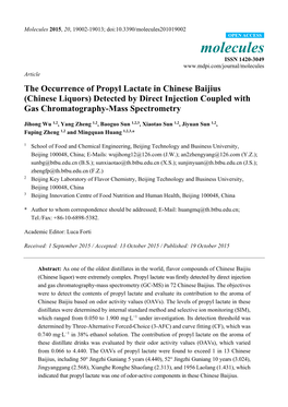 The Occurrence of Propyl Lactate in Chinese Baijius (Chinese Liquors) Detected by Direct Injection Coupled with Gas Chromatography-Mass Spectrometry