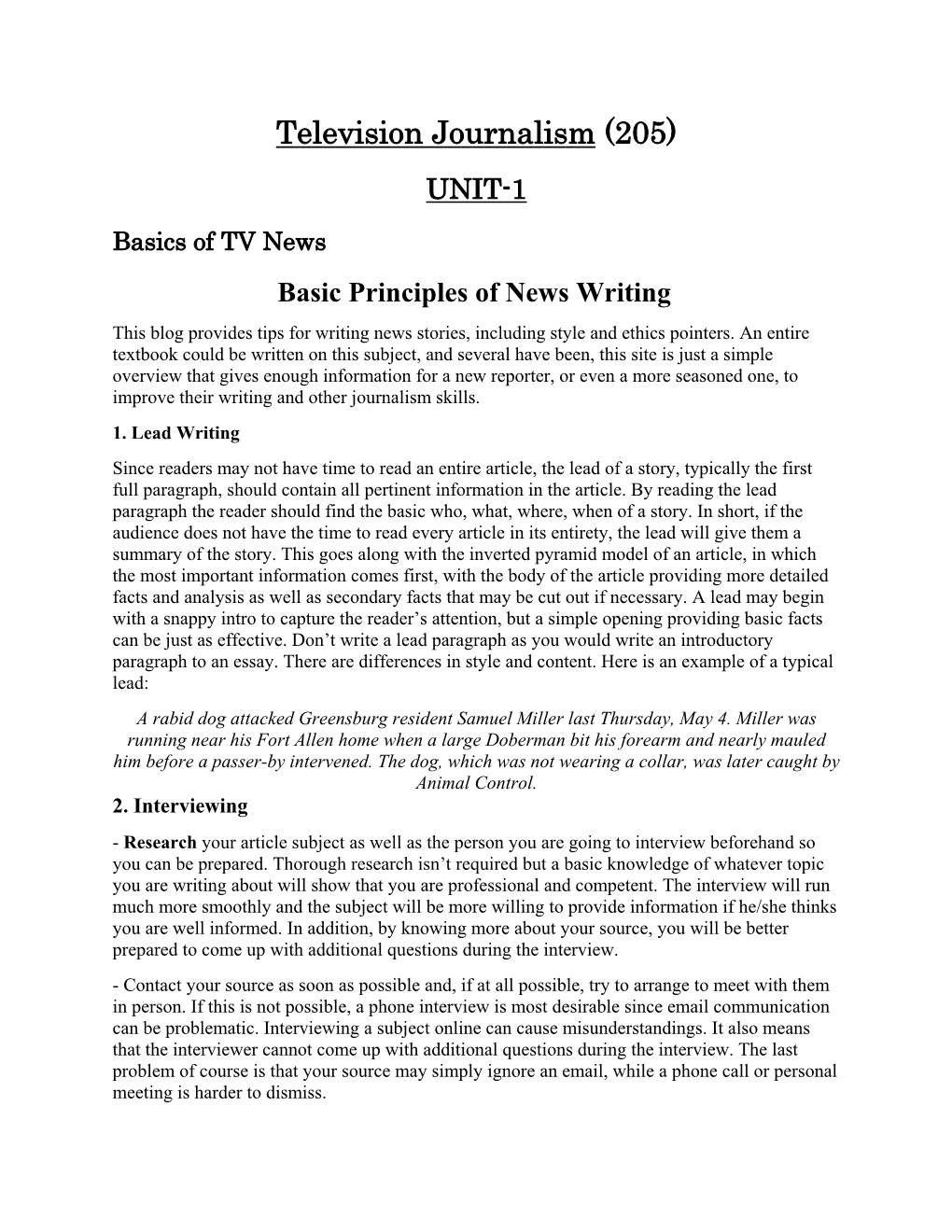 Television Journalism (205) UNIT-1