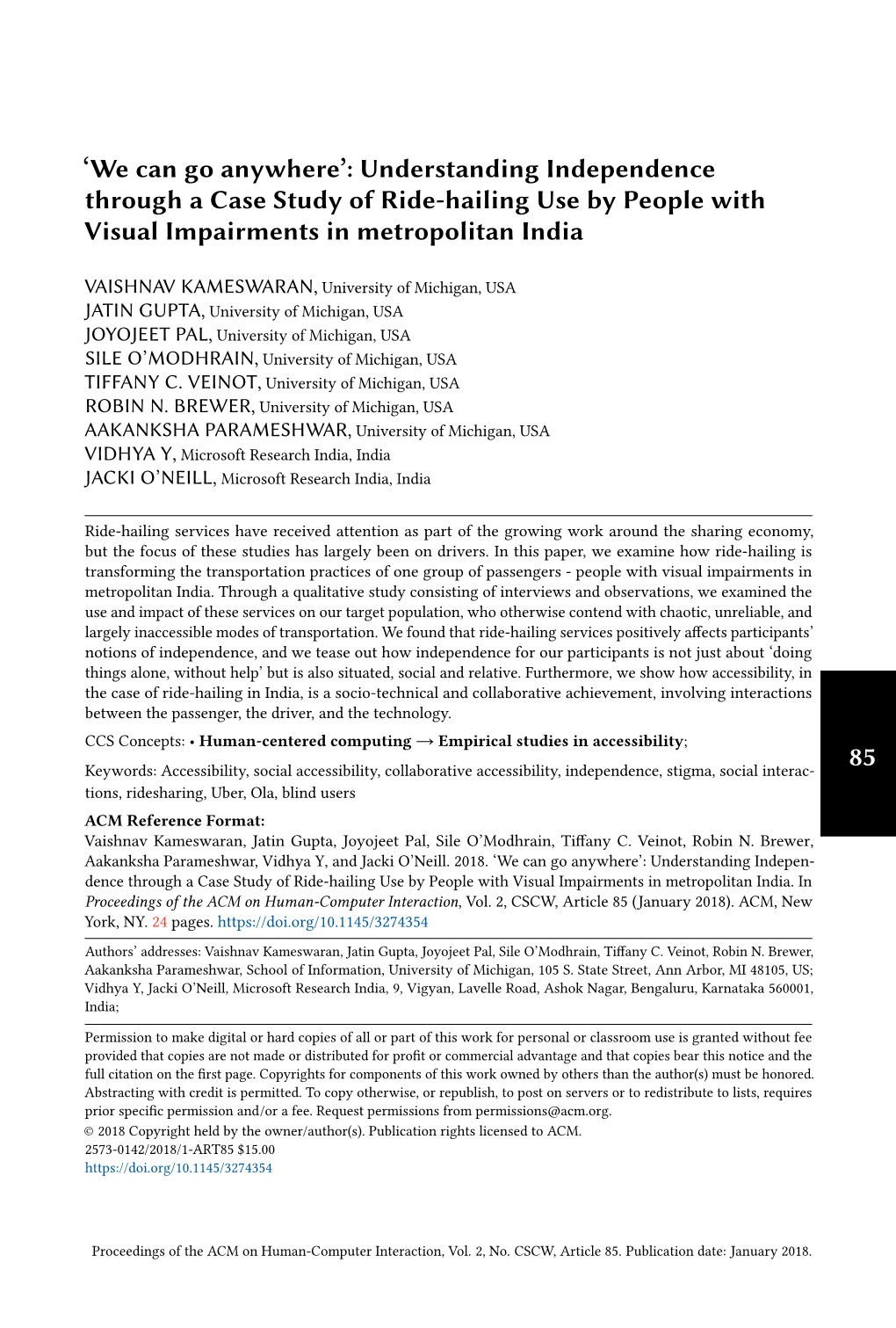 Understanding Independence Through a Case Study of Ride-Hailing Use by People with Visual Impairments in Metropolitan India