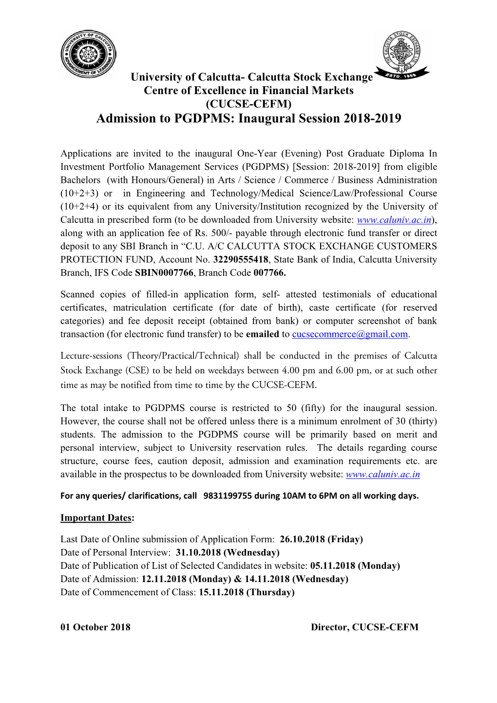 Admission to PGDPMS: Inaugural Session 2018-2019