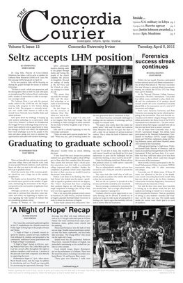 Seltz Accepts LHM Position Forensics Success Streak by STEPHEN PULS Seltz’S Philosophy SPORTS EDITOR Involves Planting Seeds of the Gospel Through Continues Dr