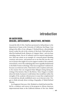 Introduction an AACM BOOK: ORIGINS, ANTECEDENTS, OBJECTIVES, METHODS