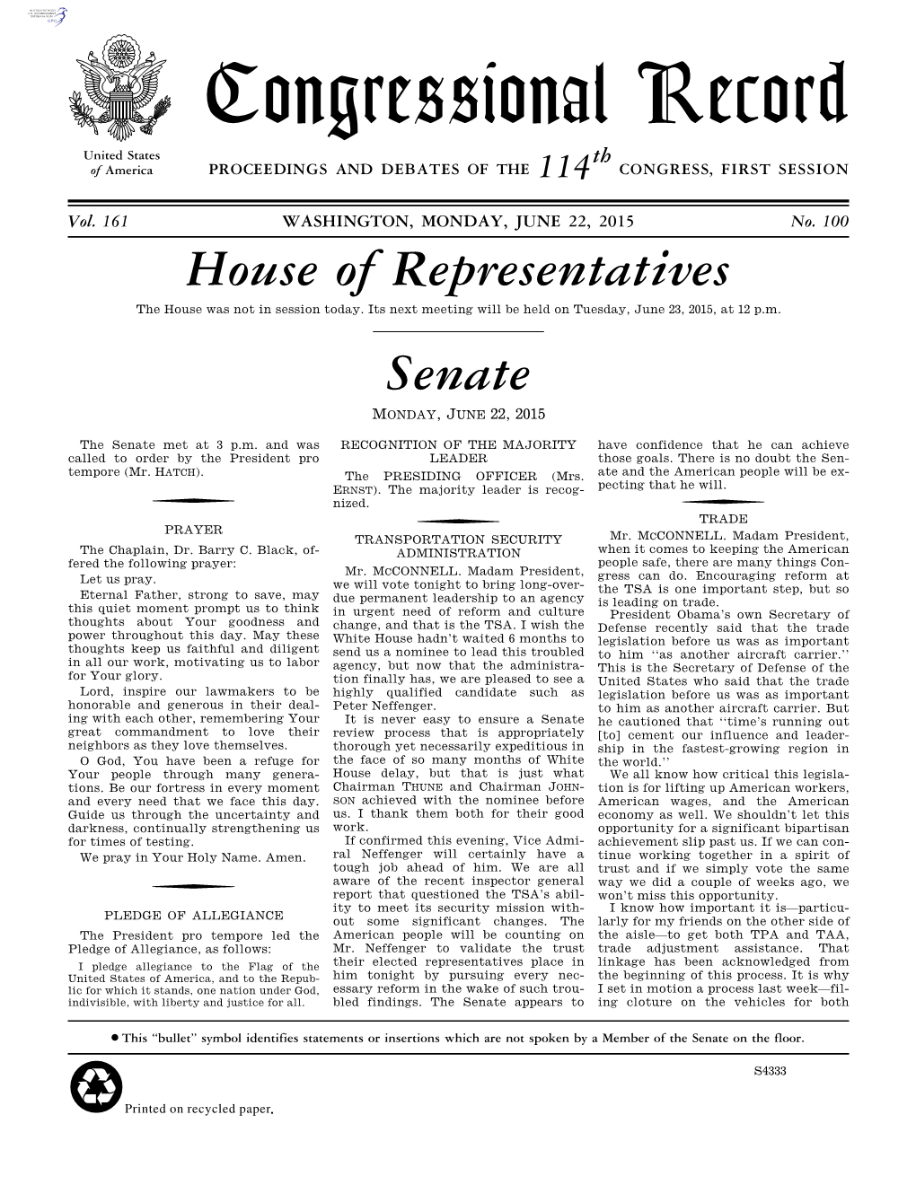 Congressional Record United States Th of America PROCEEDINGS and DEBATES of the 114 CONGRESS, FIRST SESSION