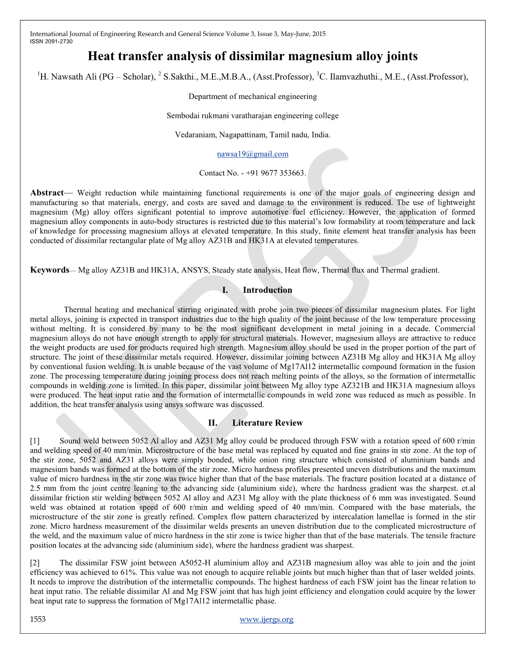 Heat Transfer Analysis of Dissimilar Magnesium Alloy Joints