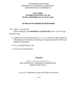 LOK SABHA STARRED QUESTION NO. 243 to BE ANSWERED on 10Th JULY, 2019