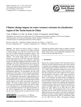 Climate Change Impact on Water Resource Extremes in a Headwater Region of the Tarim Basin in China